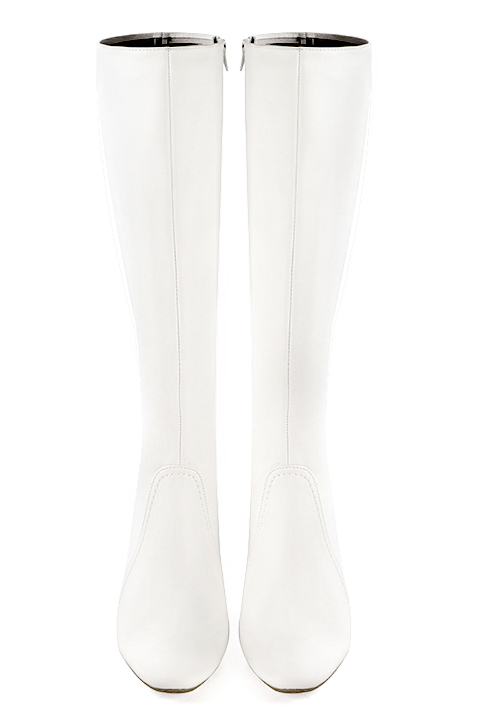 Off white women's feminine knee-high boots. Round toe. High block heels. Made to measure. Top view - Florence KOOIJMAN